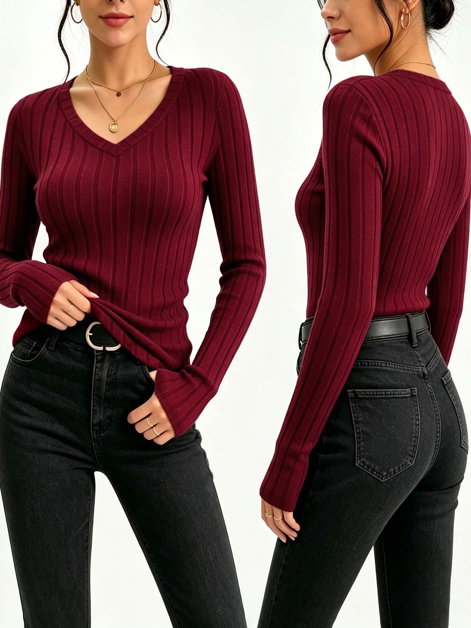 Women Solid V‑Neck Ribbed Knit - Winter Clothing For Women ulasan dan harga